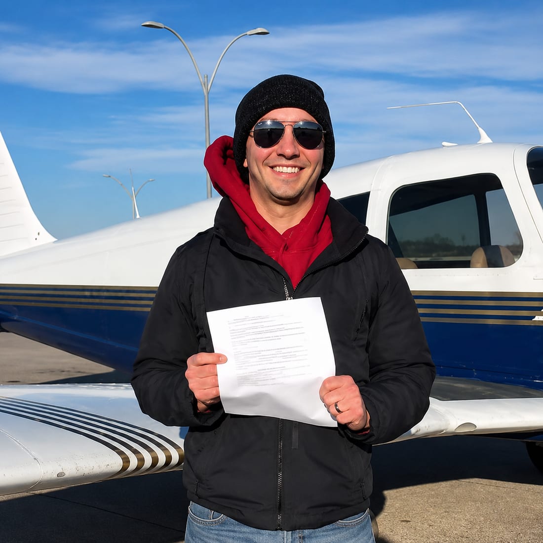 A new private pilot holding their certificate beside a training aircraft in Utah