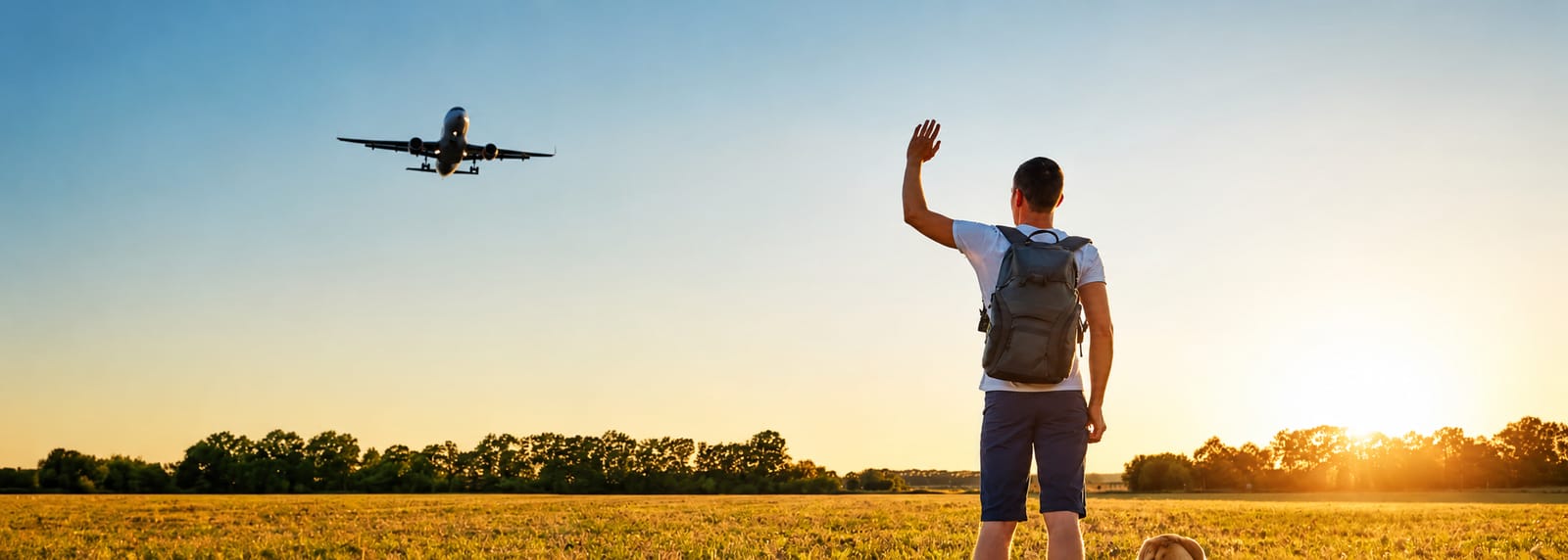 An aspiring aviator watching an aircraft take off at sunset